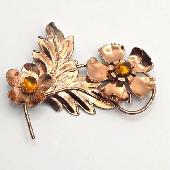 Vintage Sterling Silver Floral Brooch Yellow Rhinestone Vermeil 1940s‎ 50s 17g - Picture 1 of 5